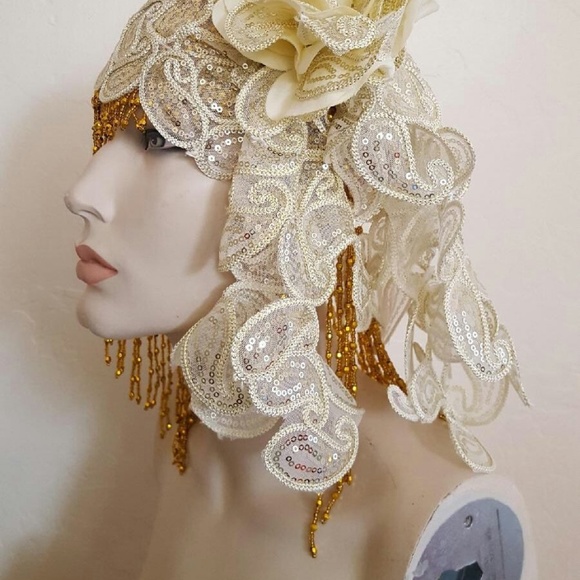 Gatsby 20's Gold Ivory Sequin Lace Headpiece - Picture 5 of 7